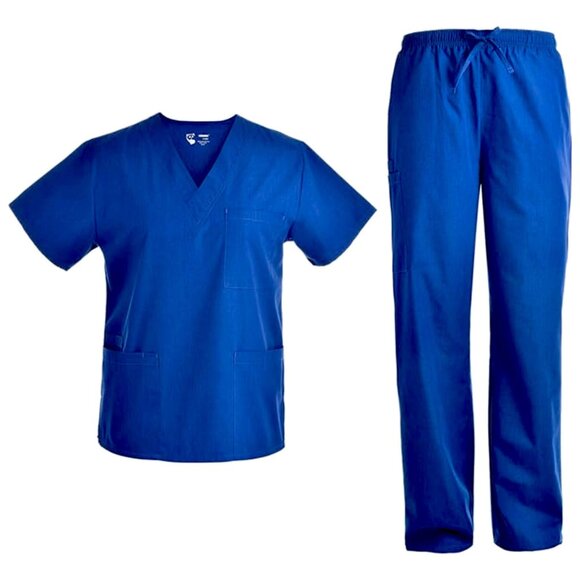 *Scrubs 2 Sets for $9.60* EUC Pandamed Unisex Scrubs Set Top/Bottom Royal Blue - Picture 1 of 6